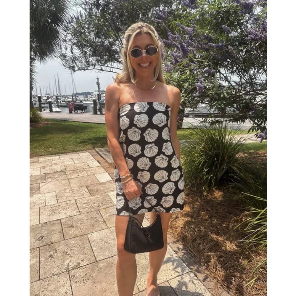 Abercrombie & Fitch Linen Strapless Black & White Strapless Seashell Mini Dress